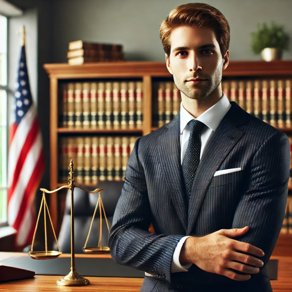 DALL·E 2024 10 04 12.37.28 A professional U.S. attorney in a formal office setting, wearing a business suit, standing confidently with legal bookshelves in the background. The a